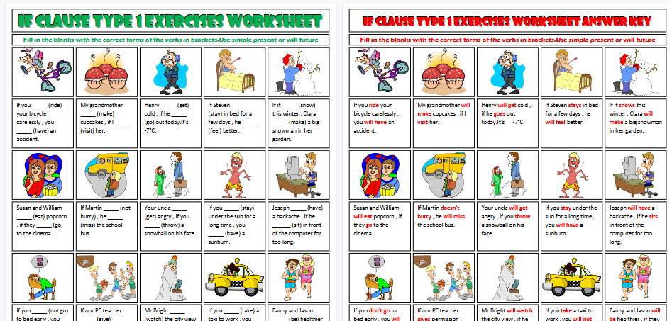【2页高清彩色版】conditionals if clauses type 1 exercises worksheet【完整可直接打印】语法作业纸63套