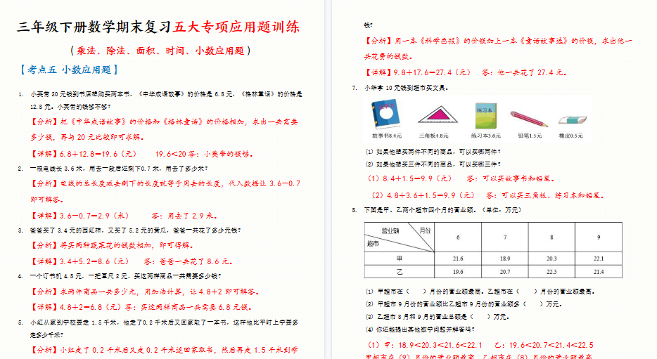 【66页高清完整版】三下数学期末复习五大专项应用题训练（含答案解析）