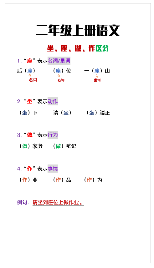 1页!二年级语文上册坐、座、做、作区分