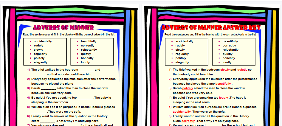 【2页高清彩色版】adverbs of manner fill in the blanks worksheet【完整可直接打印】语法作业纸63套