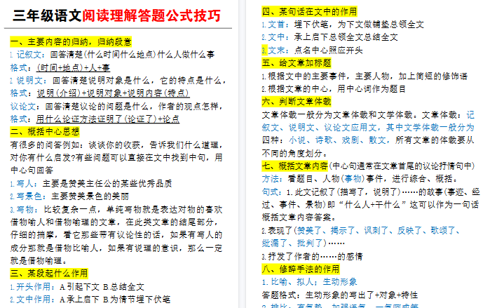 【6页高清完整版】三上语文阅读理解答题公式技巧