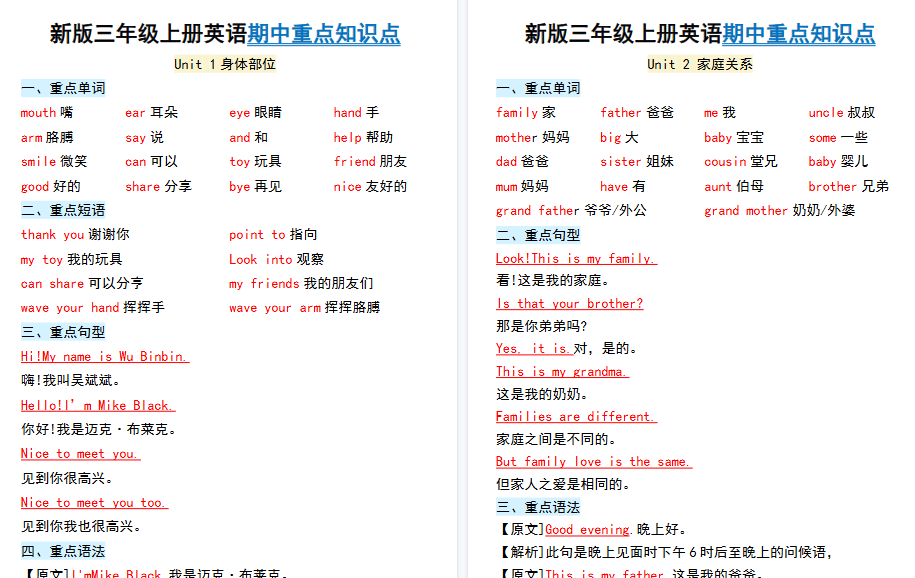 【5页高清完整版】26秋三上册英语期中重点知识点