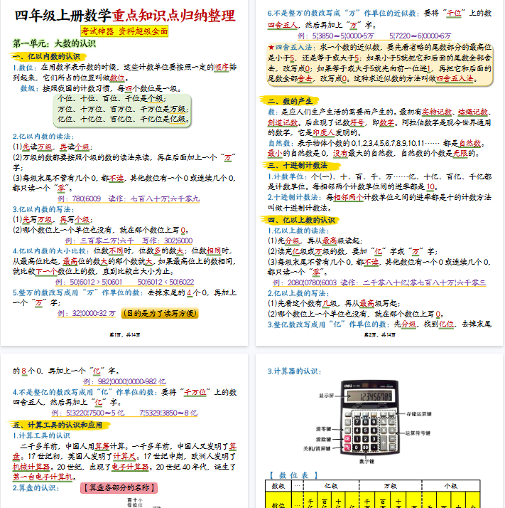 【14页完整版】四上数学期末重点知识点归纳整理