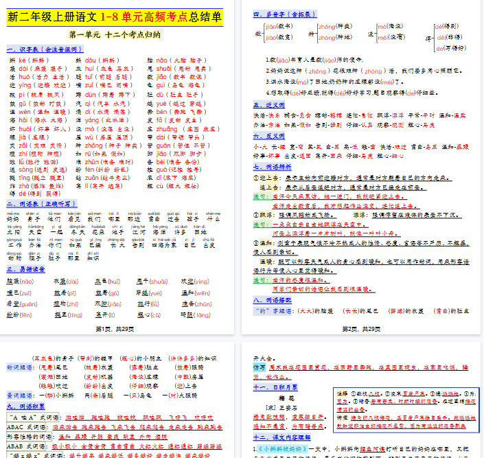 【29页完整版】新二上语文期末1-8单元高频考点总结单（十二个考点归纳）