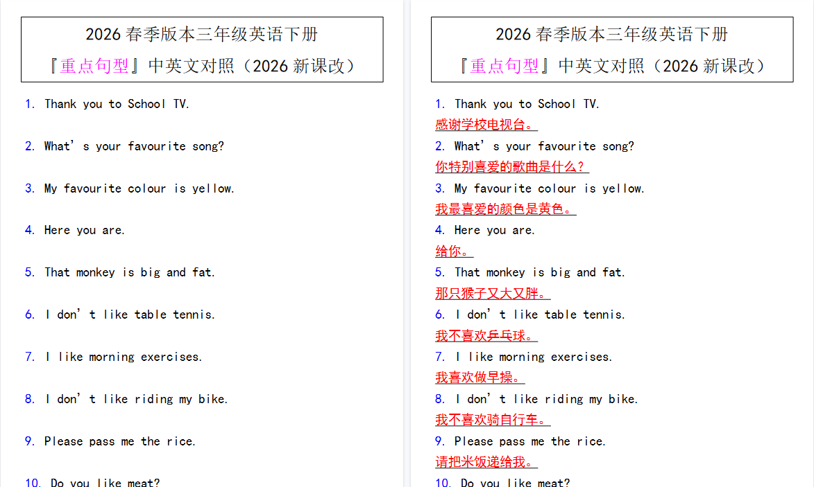 2026春新版三年级英语下册『重点句型』中英文对照