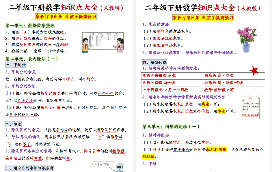 【6页高清完整版】二年级下册数学知识点大全
