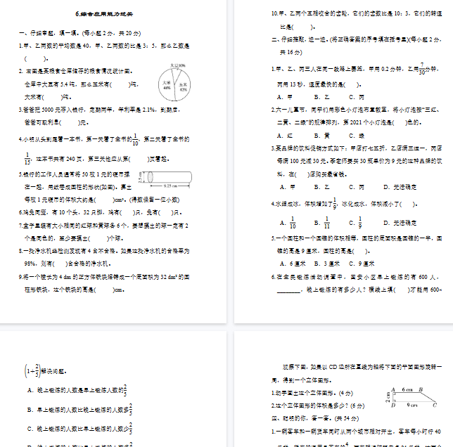 【10页完整版】人教版数学六年级下册综合应用能力过关【高清版可直接打印】