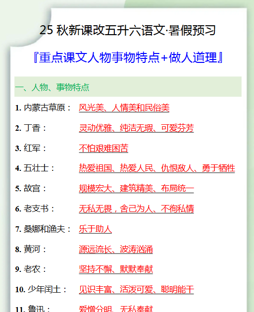 【2025秋新版】五升六重点课文人物事物特点+做人道理