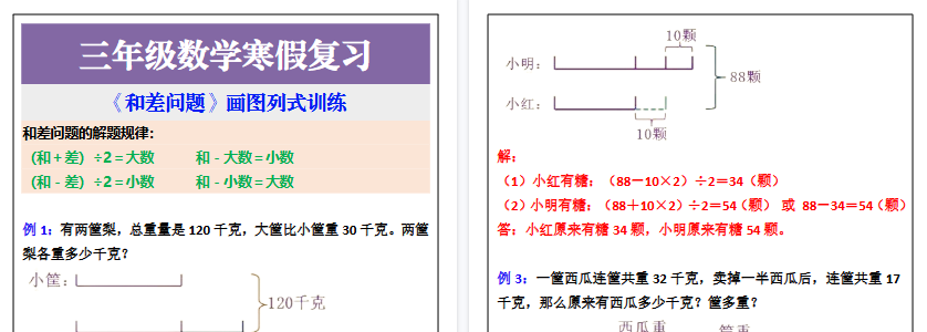 【2026寒假2页】三年级数学寒假复习《和差问题》画图列式训练