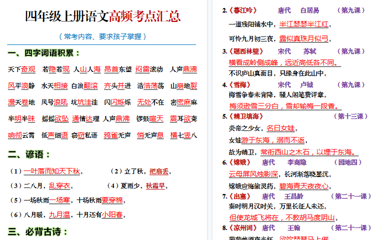 【21页高清完整版】四年级语文上册期末高频考点知识汇总