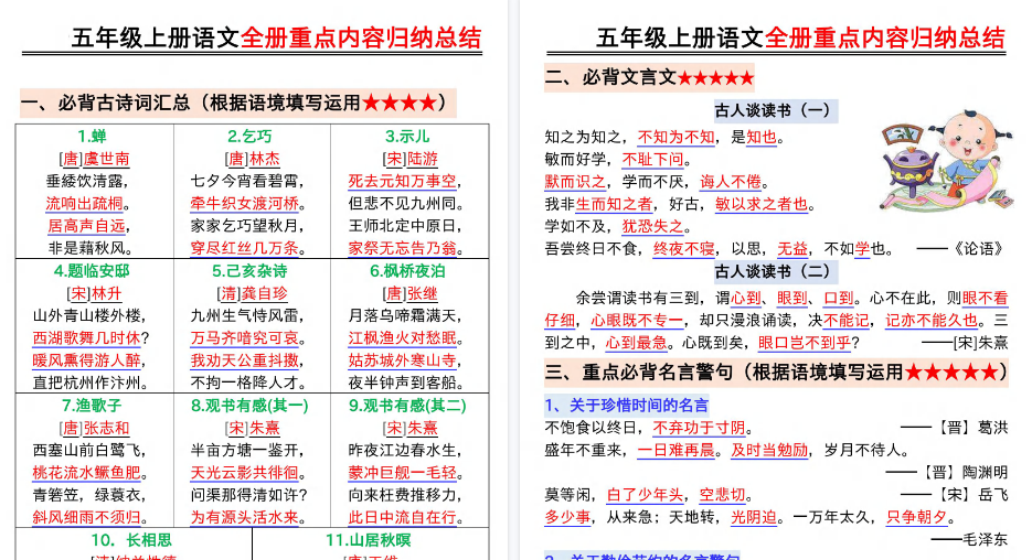 【27页高清完整版】26秋五年级上册语文全册重点内容归纳总结