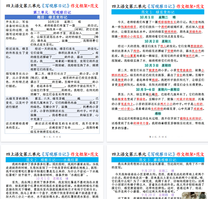 【高清23页整理】四年级上册语文第三单元《写观察日记》作文支架+观察记录表+优秀范文