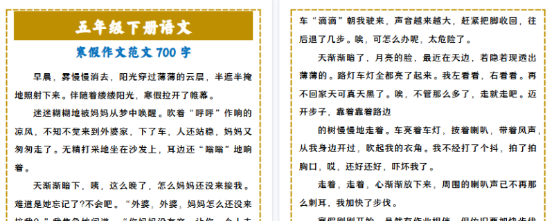 【2026寒假2页】五年级下册语文 寒假作文范文700字