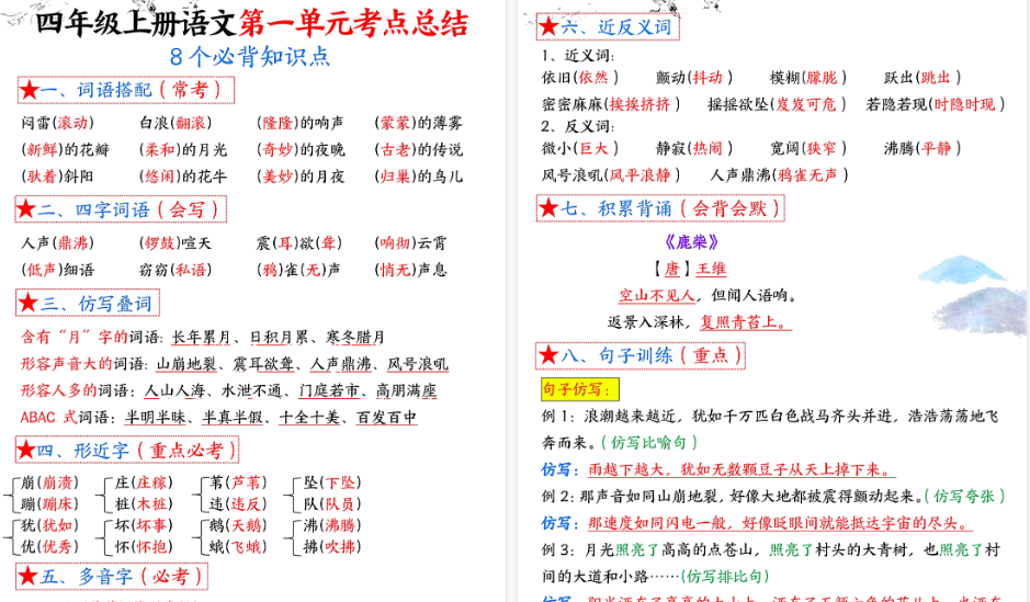 【32页高清完整版】四年级上册语文1-8单元考点总结(8个必背知识点)