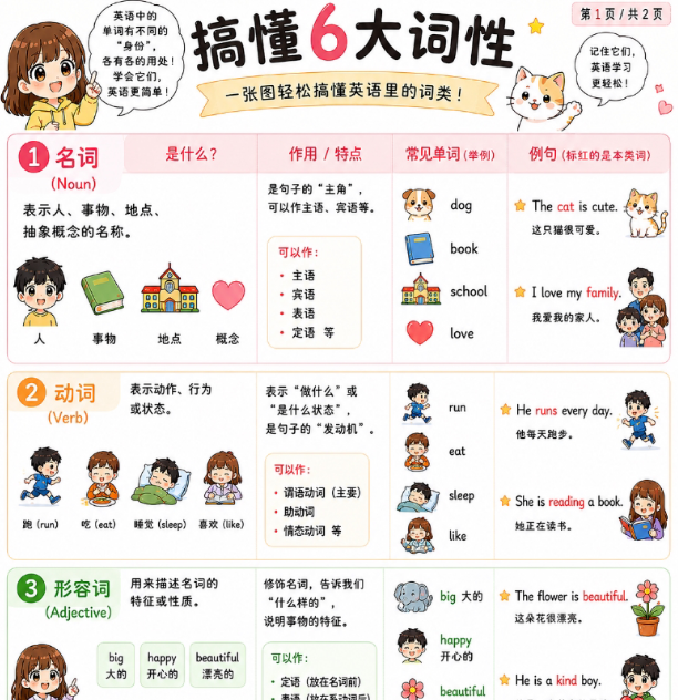 【2页完整版】启蒙英语干货 学透6大词性 孩子轻松造句