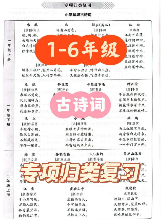 7页！小学语文1-6年级专项古诗词归类