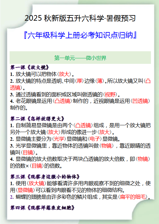 【2025秋新版】六年级科学上册必考知识点归纳