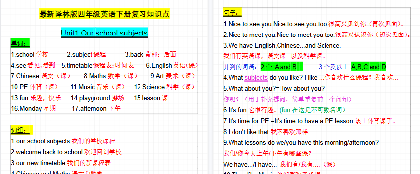【16页高清完整版】四（下）英语（译林版）考点整理（1-8单元）