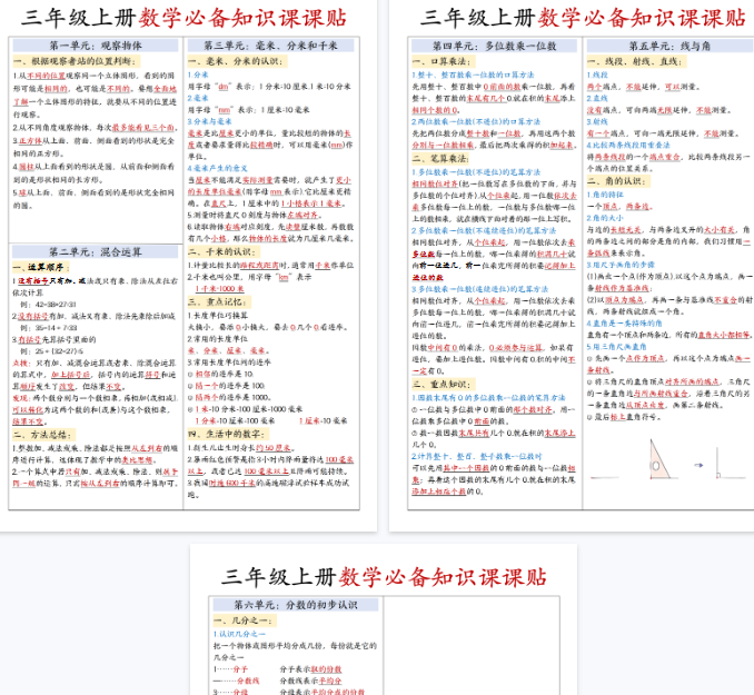 【3页完整版】三年级数学知识点汇总【期末高清版可直接打印】