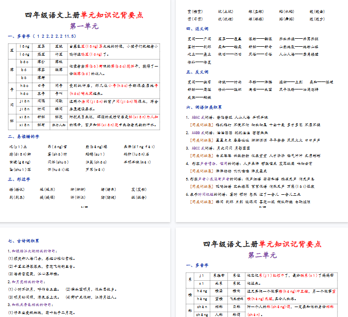 【29页完整版】四（上）语文单元知识记背要点.pdf