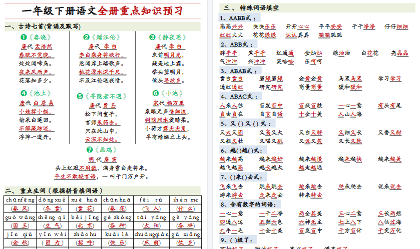 【2026春完整版】一年级（下）语文+重点知识预习
