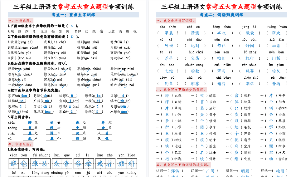 【5页高清完整版】三上语文【5大重点题型 - 答案版】