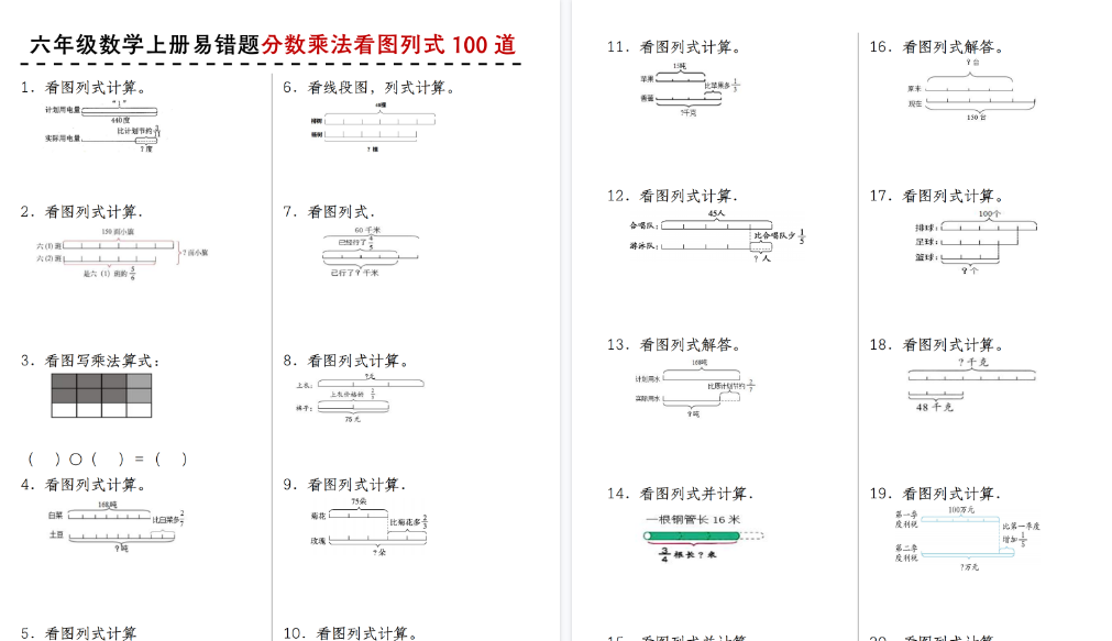 【21页高清完整版】26秋苏教版六年级数学上册易错题分数乘法看图列式100道