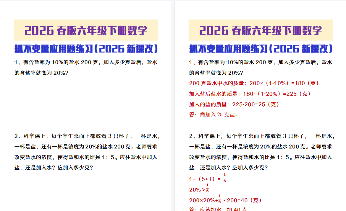 2026春新版六年级下册数学抓不变量应用题练习