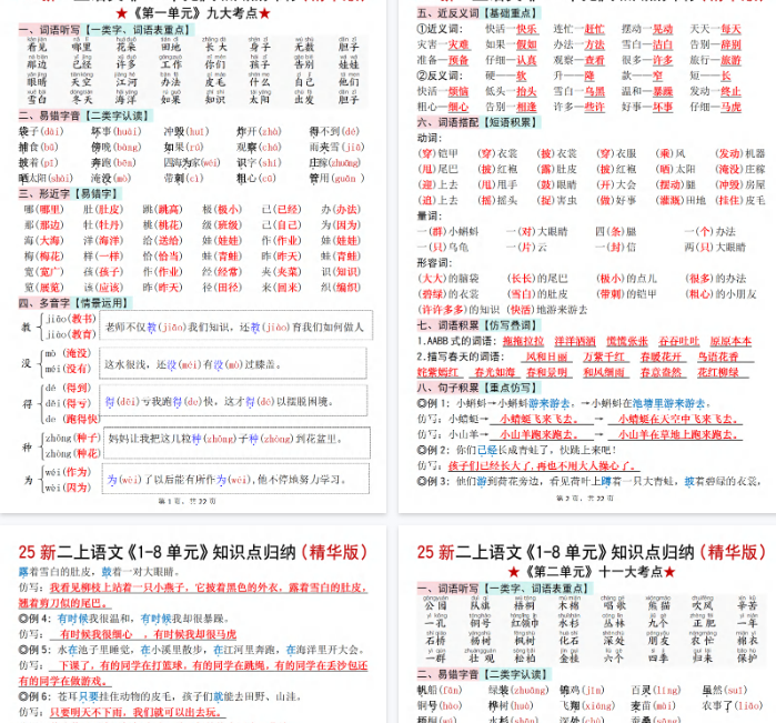 【22页完整版】【新二上语文1-8单元知识点汇总（精华版）期末九大考点