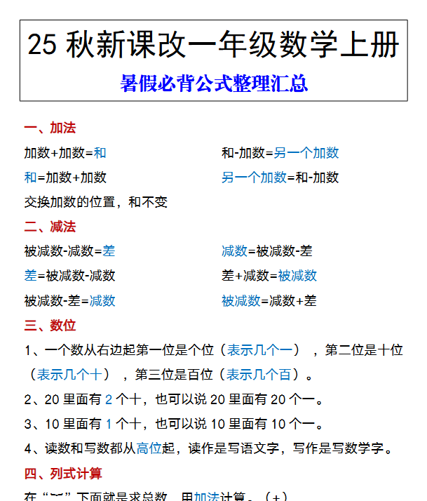 【2025秋新版】一年级数学上册 暑假必背公式整理汇总