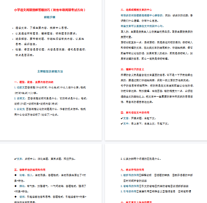 【13页新版】小学小升初考试复习-语文阅读理解答题技巧【高清完整版】