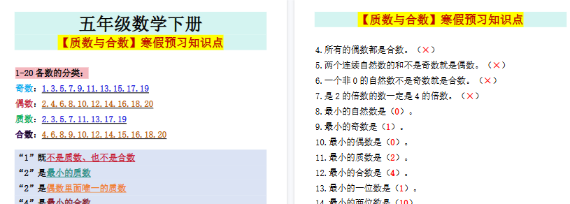 【2026寒假2页】五年级数学下册【质数与合数】寒假预习知识点