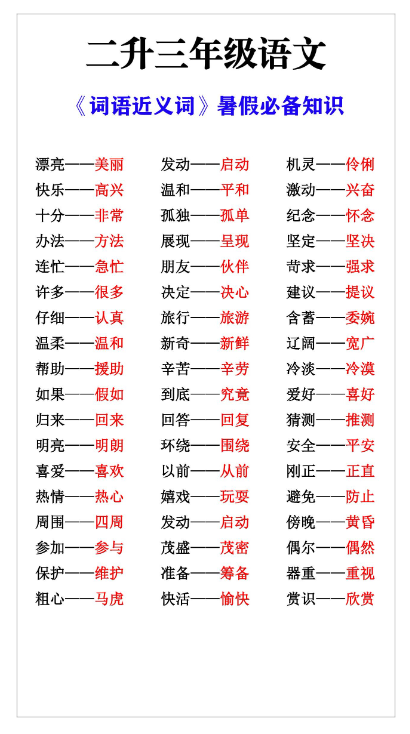 1页！二升三年级语文《词语近义词》暑假必备知识