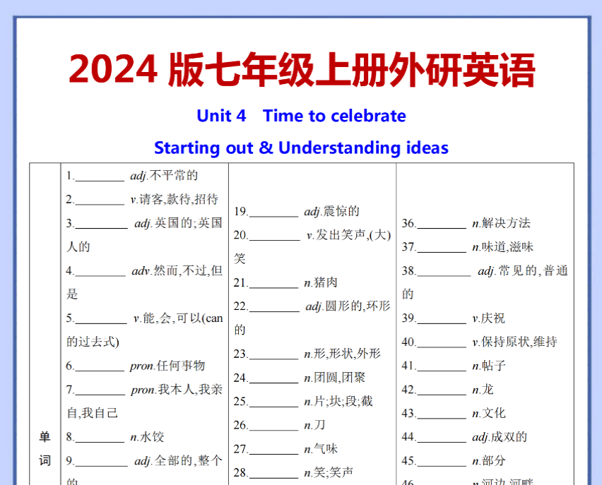 【七上外研英语】2024版 U4词句背默