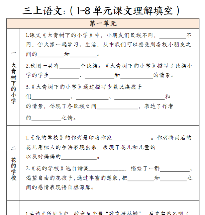 三年级上册语文课文理解填空(含答案)
