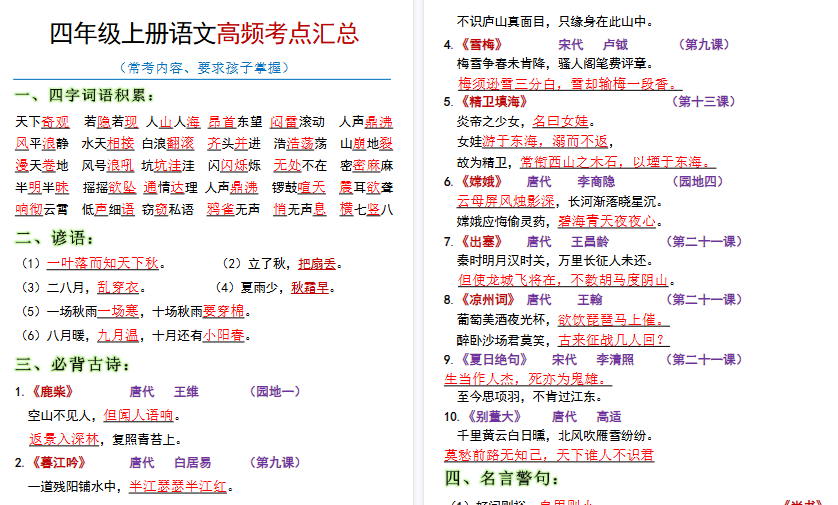 【19页高清完整版】全册高频考点归类（节选）】四上语文