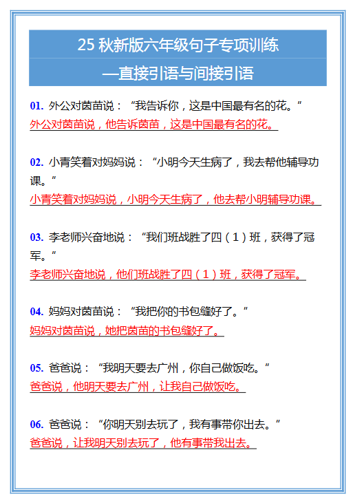 【2025秋新版】六年级句子专项训练-直接引语与间接引语