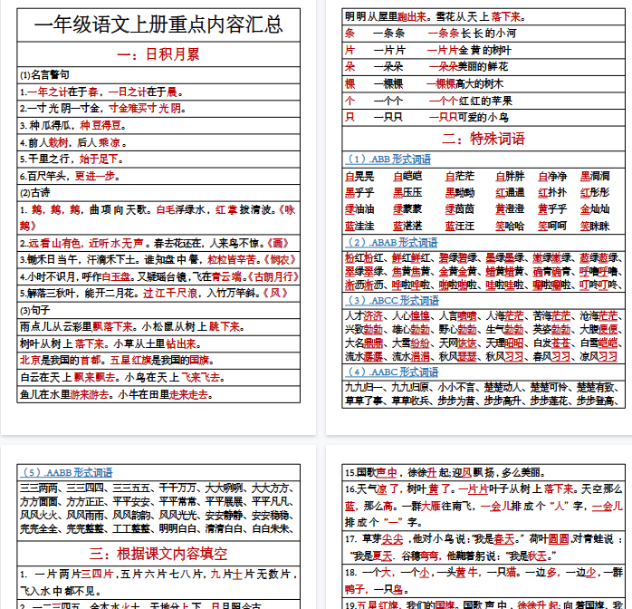 【12页完整版】一年级语文上册重点内容
