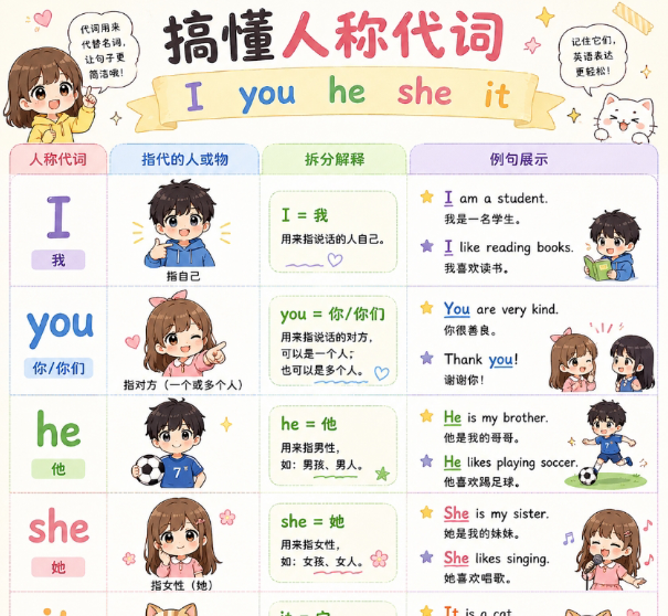 【1页完整版】启蒙英语干货  一张图带娃搞定人称代词