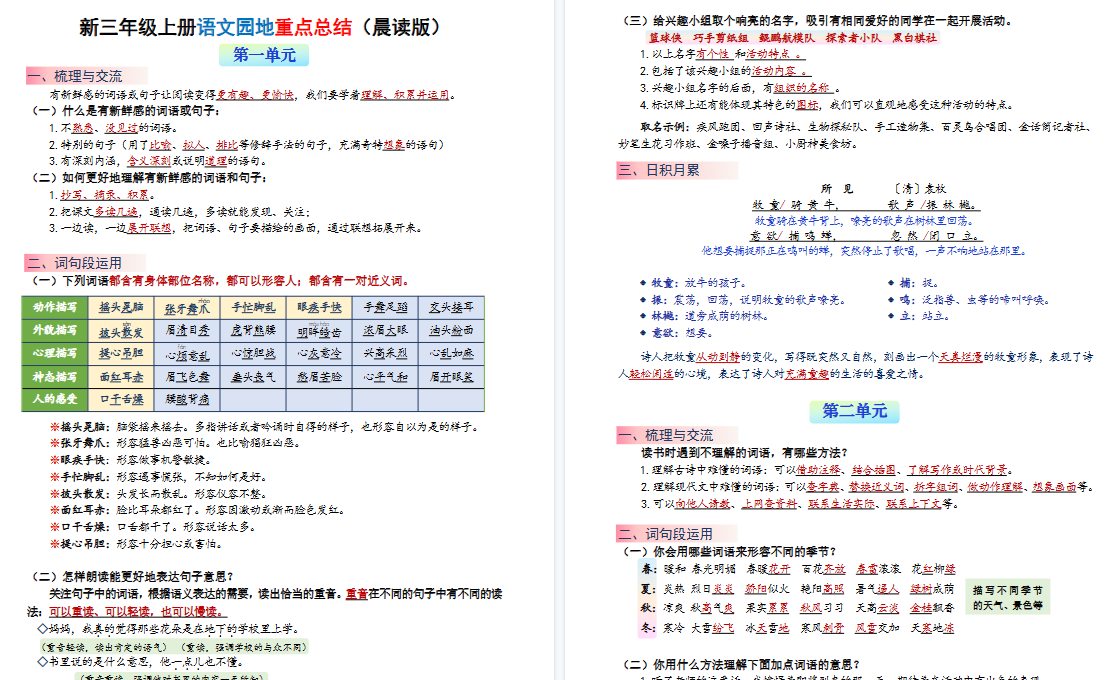新三上语文1-8单元语文园地重点期末总结(晨读晚练)20页