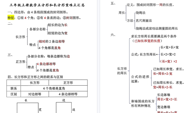 【18页高清完整版】三年级数学上册长方形和正方形重难点专项练习