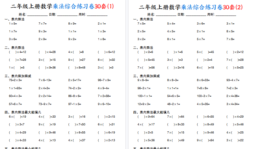 【30页高清完整版】二上数学乘法综合练习卷30套（表内乘法口算、乘加乘减、最大填几、最小填几）