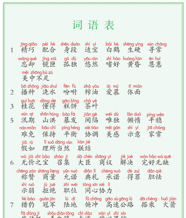 五上课后词语默写表