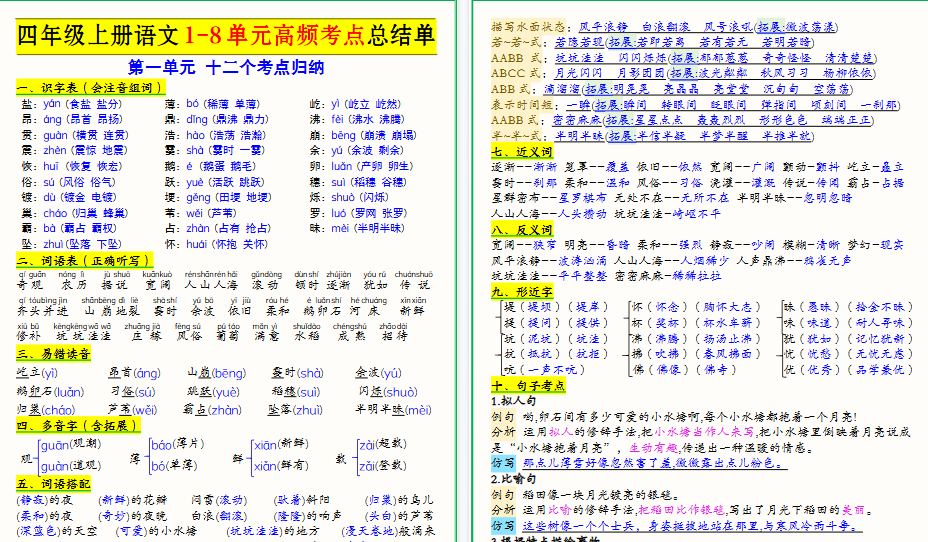 【22页高清完整版】26秋四上语文1-8单元高频考点总结单（十二个考点归纳）