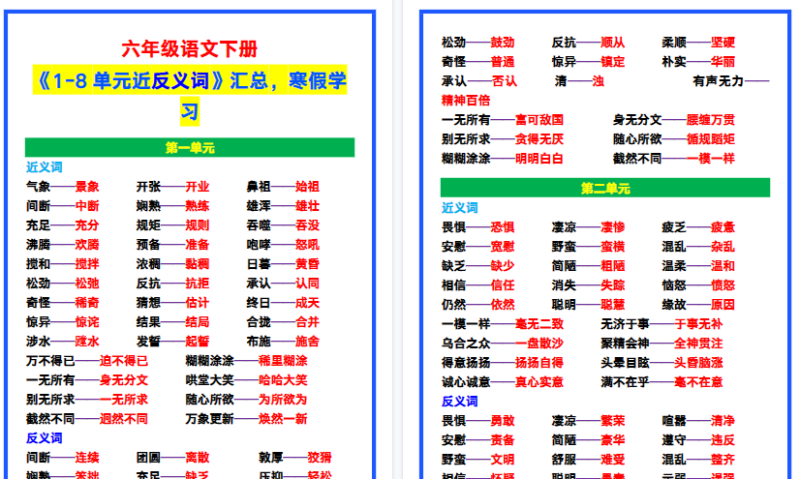 【2026寒假5页】六年级语文下册《1-8单元近反义词》汇总，寒假学习！