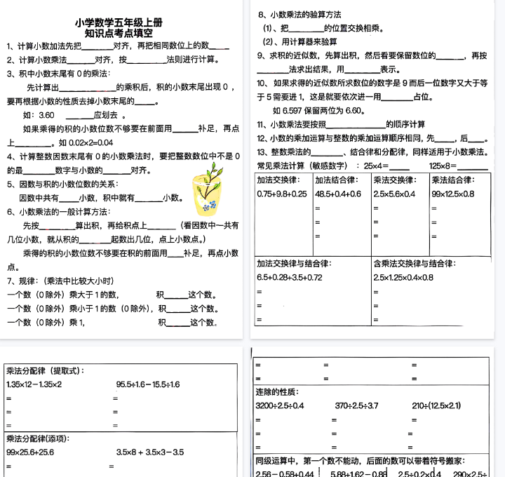【8页完整版】小学数学五年级上册必背45个知识点（空白）