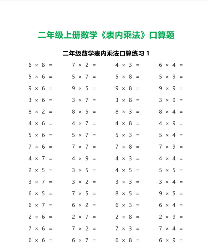 10页！二年级上册数学【表内乘法】口算专项练习