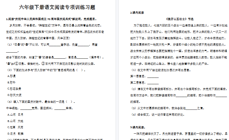 26春版六年级(下)语文阅读理解专项训练