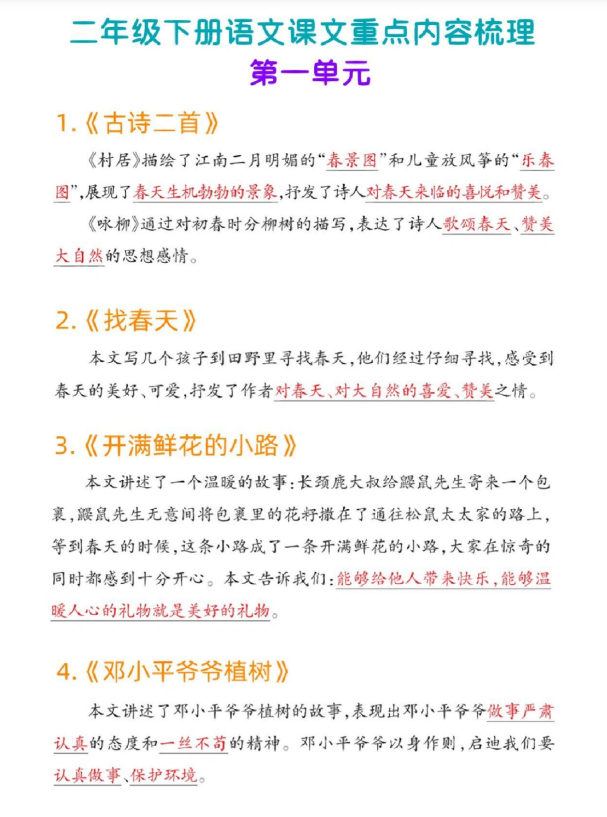 9页！二年级下册语文课文重点内容梳理