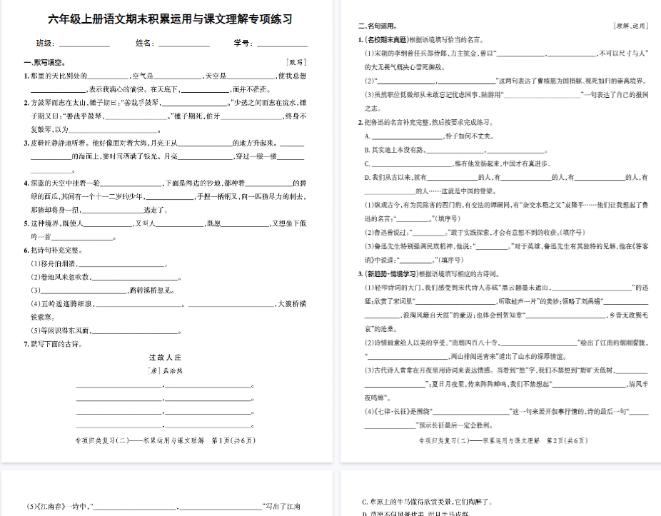 【7页完整版】六年级上册语文期末积累运用与课文理解专项练习